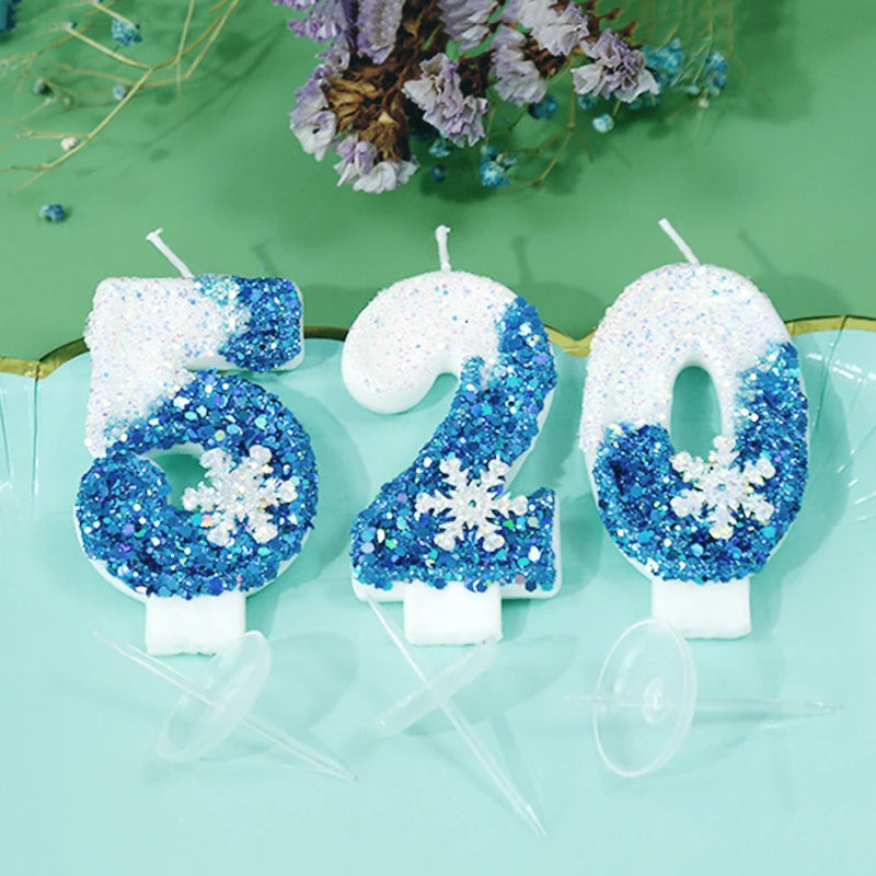 Frozen Birthday Candles 0-9 Number Glitter Blue Snowflake