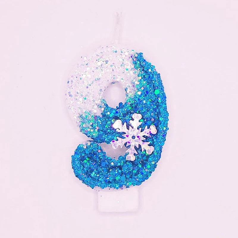 Frozen Birthday Candles 0-9 Number Glitter Blue Snowflake