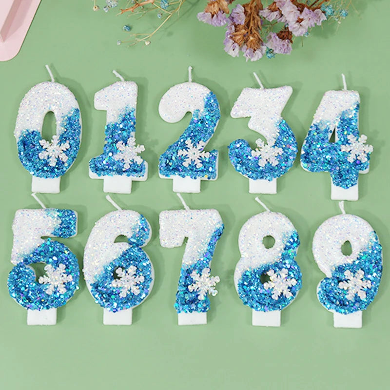 Frozen Birthday Candles 0-9 Number Glitter Blue Snowflake