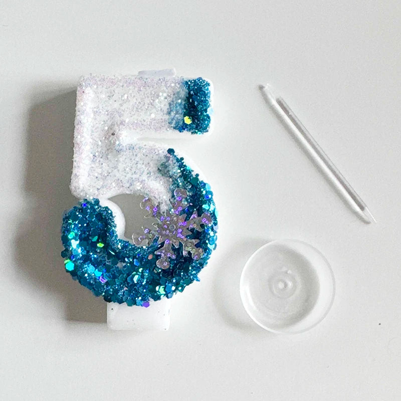 Frozen Birthday Candles 0-9 Number Glitter Blue Snowflake