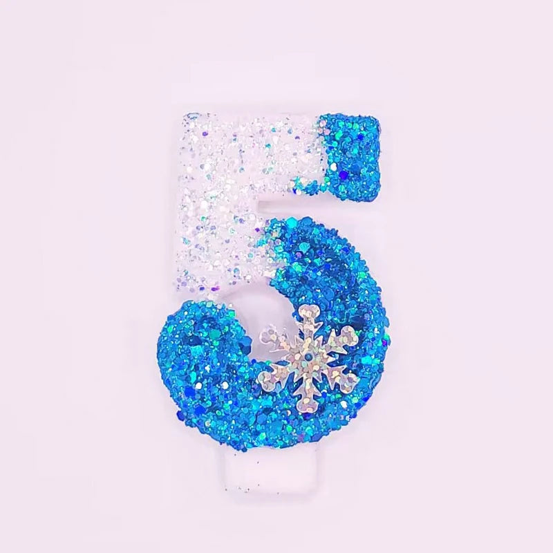 Frozen Birthday Candles 0-9 Number Glitter Blue Snowflake