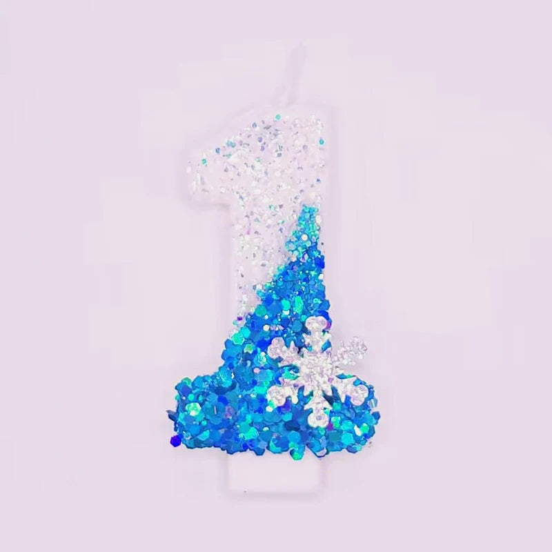 Frozen Birthday Candles 0-9 Number Glitter Blue Snowflake