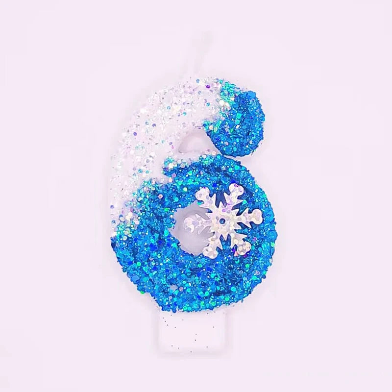 Frozen Birthday Candles 0-9 Number Glitter Blue Snowflake